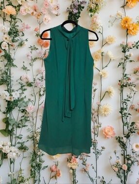 Spring Green Dress With Sophisticated Tie Neck
